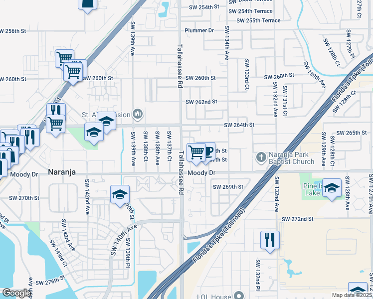 map of restaurants, bars, coffee shops, grocery stores, and more near 26615 Southwest 137th Avenue in Homestead