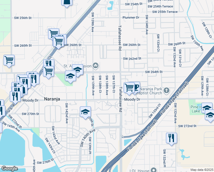 map of restaurants, bars, coffee shops, grocery stores, and more near 26610 Southwest 138th Avenue in Homestead