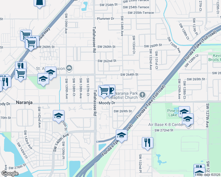 map of restaurants, bars, coffee shops, grocery stores, and more near 13500 Southwest 266th Street in Naranja