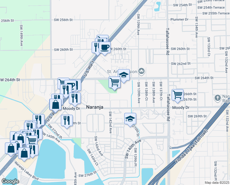 map of restaurants, bars, coffee shops, grocery stores, and more near in Naranja