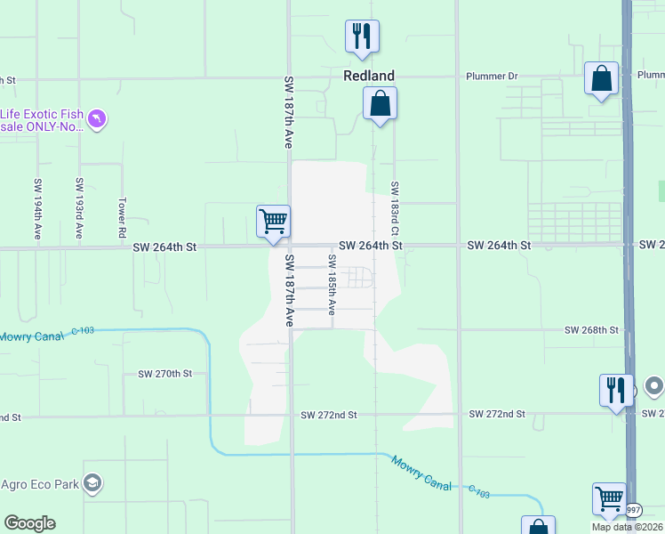 map of restaurants, bars, coffee shops, grocery stores, and more near 26575 Southwest 185th Avenue in Homestead