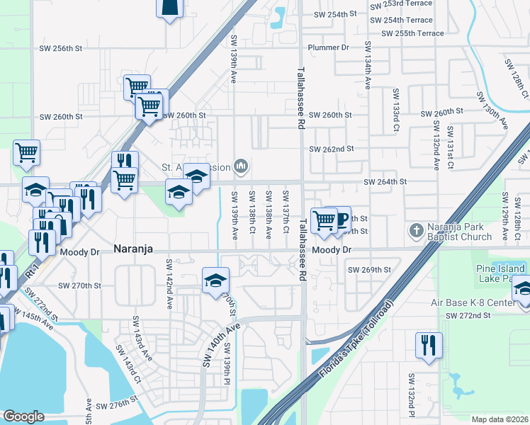 map of restaurants, bars, coffee shops, grocery stores, and more near 26610 Southwest 138th Avenue in Homestead