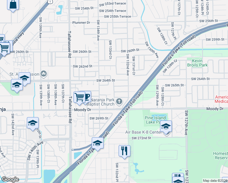 map of restaurants, bars, coffee shops, grocery stores, and more near 13264 Southwest 265th Street in Homestead
