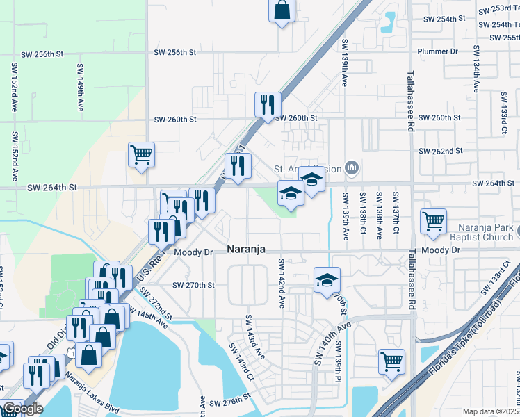 map of restaurants, bars, coffee shops, grocery stores, and more near 14351 Southwest 264th Terrace in Naranja