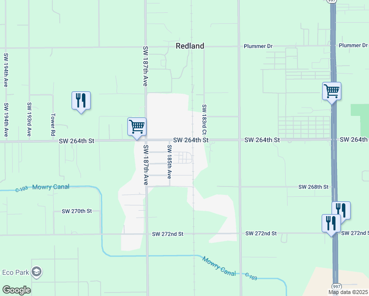 map of restaurants, bars, coffee shops, grocery stores, and more near 18430 Southwest 264th Street in Homestead