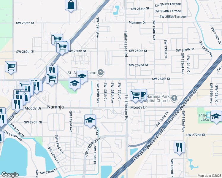 map of restaurants, bars, coffee shops, grocery stores, and more near 26440 Southwest 138th Avenue in Homestead