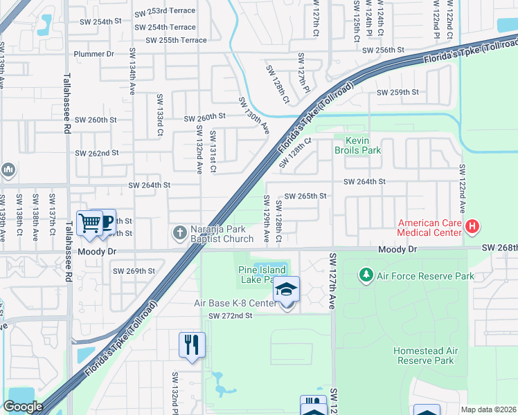 map of restaurants, bars, coffee shops, grocery stores, and more near 13005 Southwest 265th Street in Homestead