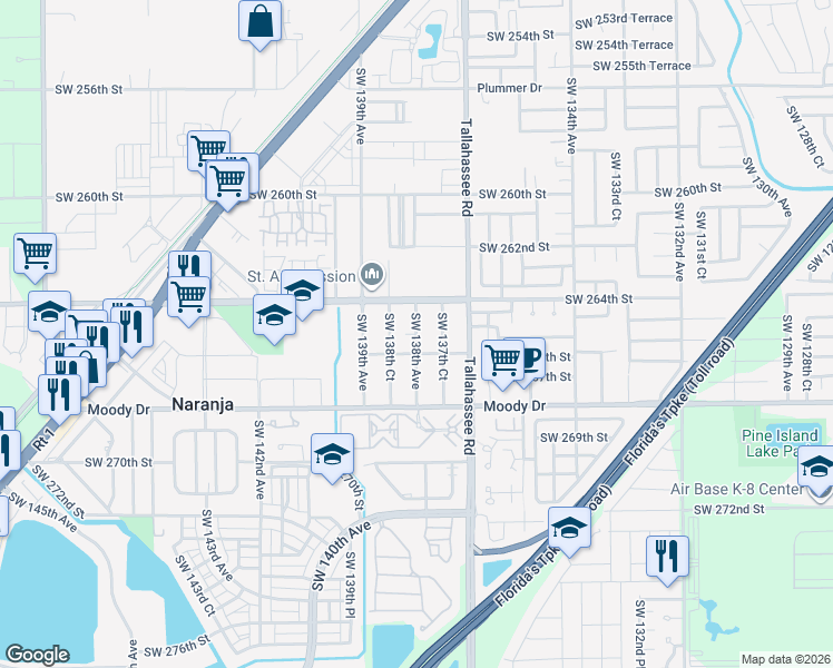map of restaurants, bars, coffee shops, grocery stores, and more near 26510 Southwest 138th Avenue in Naranja