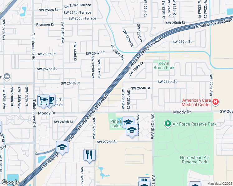 map of restaurants, bars, coffee shops, grocery stores, and more near 13005 Southwest 265th Street in Homestead