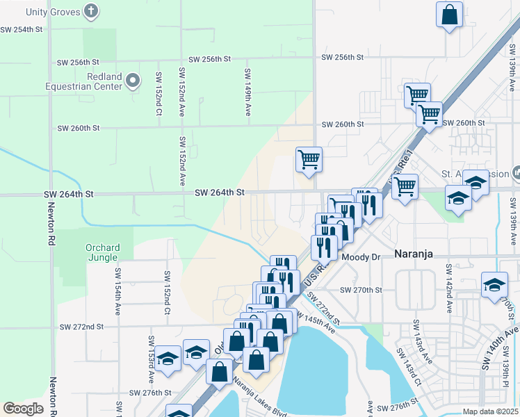 map of restaurants, bars, coffee shops, grocery stores, and more near 14900 Southwest 264th Street in Homestead