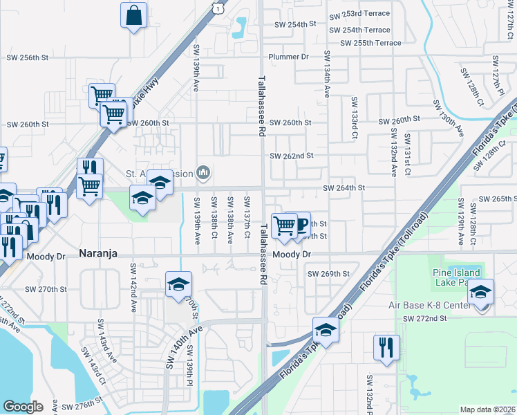 map of restaurants, bars, coffee shops, grocery stores, and more near 26445 Southwest 137th Court in Naranja
