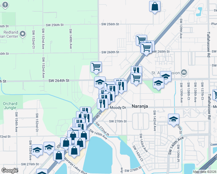 map of restaurants, bars, coffee shops, grocery stores, and more near 26409 Mable Street in Homestead