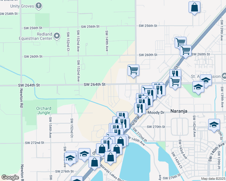 map of restaurants, bars, coffee shops, grocery stores, and more near 14790 Southwest 264th Street in Naranja