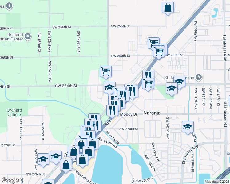 map of restaurants, bars, coffee shops, grocery stores, and more near 26400 Southwest 147th Avenue in Homestead
