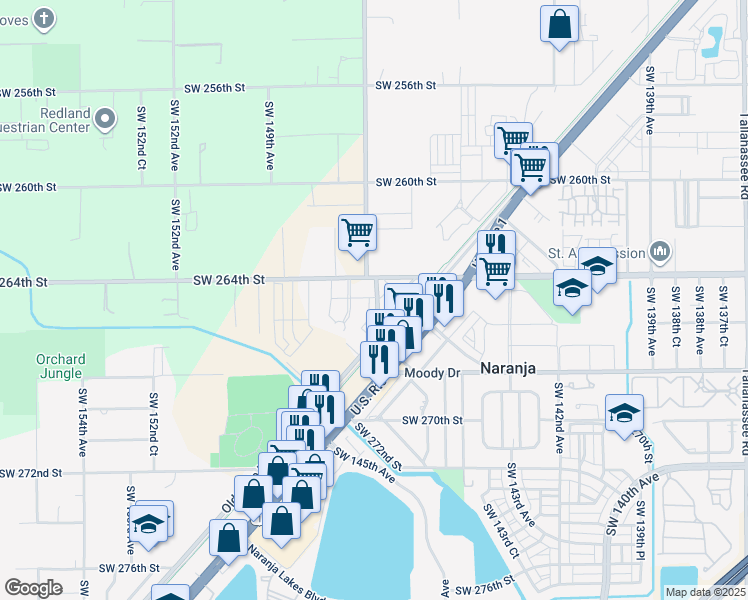 map of restaurants, bars, coffee shops, grocery stores, and more near 26400 Southwest 147th Avenue in Homestead