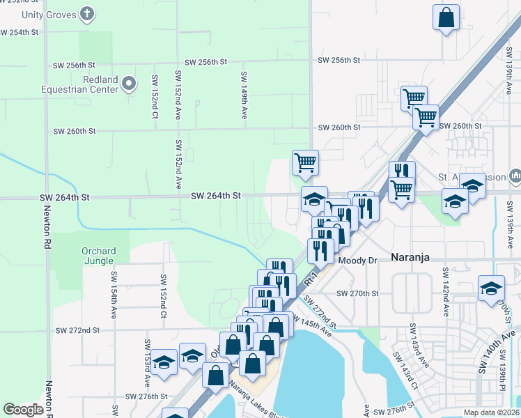 map of restaurants, bars, coffee shops, grocery stores, and more near 14790 Southwest 264th Street in Naranja