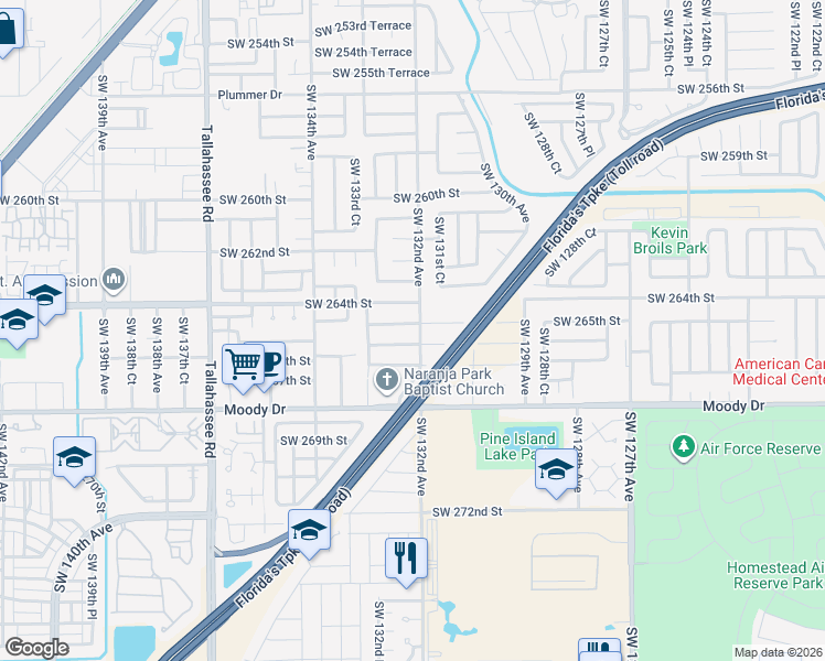 map of restaurants, bars, coffee shops, grocery stores, and more near 13204 Southwest 265th Street in Homestead