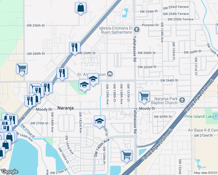 map of restaurants, bars, coffee shops, grocery stores, and more near 26447 Southwest 139th Avenue in Naranja
