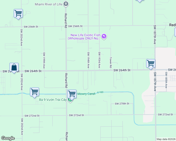 map of restaurants, bars, coffee shops, grocery stores, and more near 19375 Southwest 264th Street in Homestead