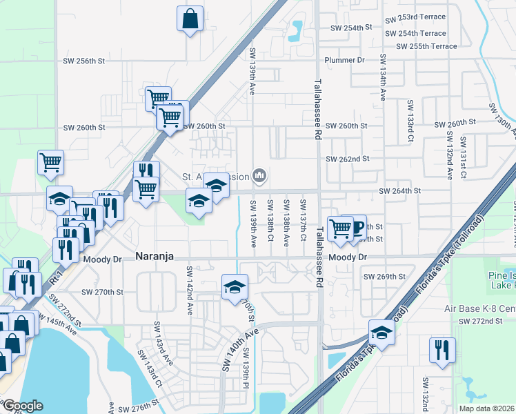 map of restaurants, bars, coffee shops, grocery stores, and more near 26447 Southwest 139th Avenue in Naranja
