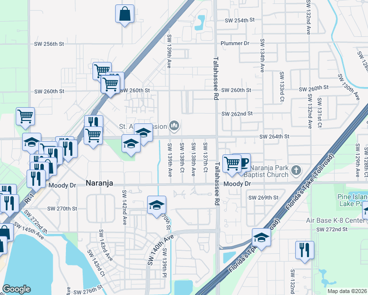 map of restaurants, bars, coffee shops, grocery stores, and more near 26440 Southwest 138th Avenue in Homestead