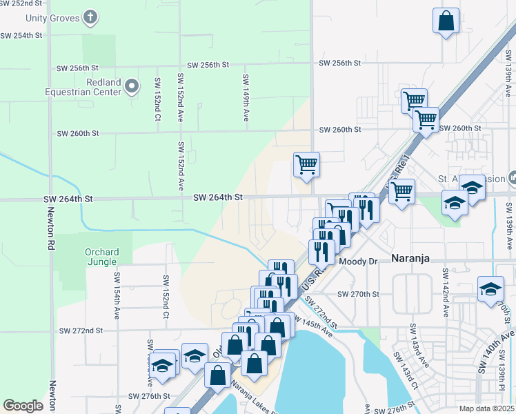 map of restaurants, bars, coffee shops, grocery stores, and more near 14900 Southwest 264th Street in Homestead