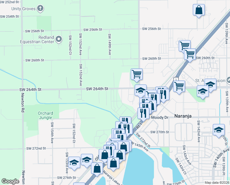 map of restaurants, bars, coffee shops, grocery stores, and more near 14900 Southwest 264th Street in Homestead