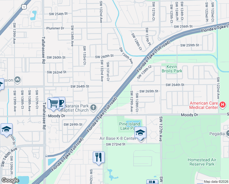 map of restaurants, bars, coffee shops, grocery stores, and more near 13020 Southwest 265th Street in Homestead