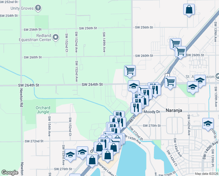 map of restaurants, bars, coffee shops, grocery stores, and more near 14900 Southwest 264th Street in Homestead
