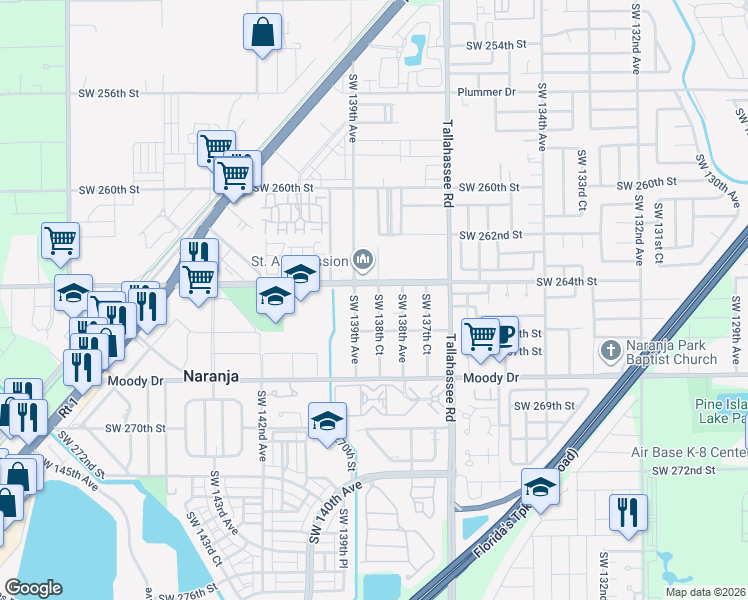 map of restaurants, bars, coffee shops, grocery stores, and more near 26447 Southwest 139th Avenue in Naranja