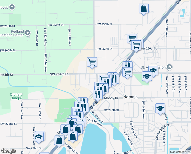 map of restaurants, bars, coffee shops, grocery stores, and more near 26400 Southwest 147th Avenue in Homestead