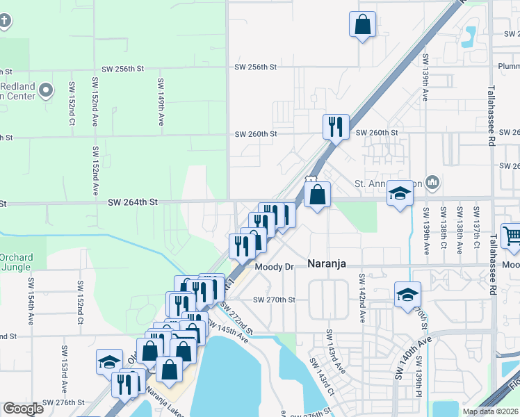 map of restaurants, bars, coffee shops, grocery stores, and more near 26409 Mable Street in Homestead