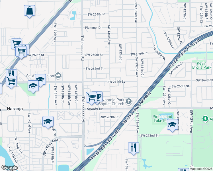 map of restaurants, bars, coffee shops, grocery stores, and more near 26435 Southwest 134th Court in Naranja