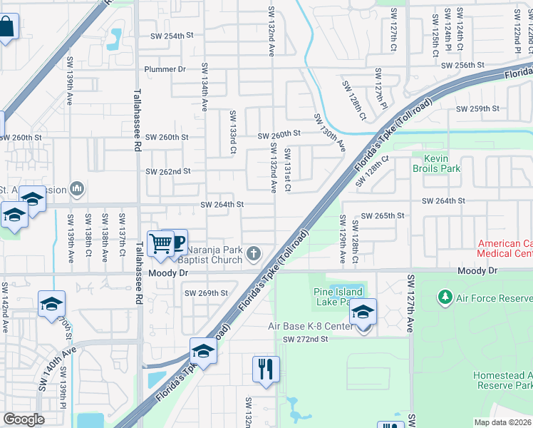 map of restaurants, bars, coffee shops, grocery stores, and more near 13204 Southwest 265th Street in Homestead