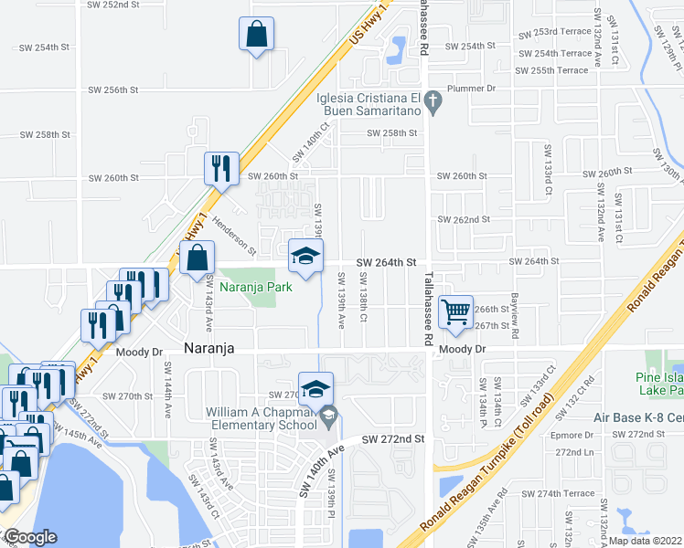 map of restaurants, bars, coffee shops, grocery stores, and more near 26447 Southwest 139th Avenue in Naranja