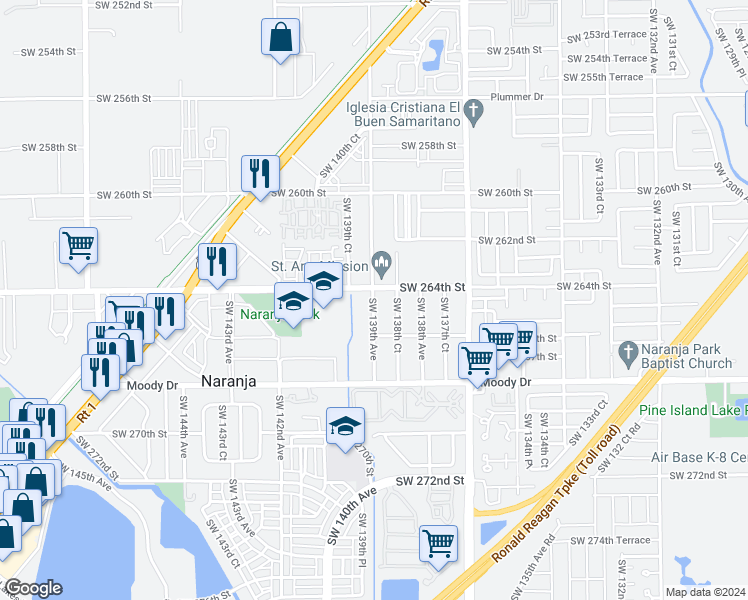 map of restaurants, bars, coffee shops, grocery stores, and more near 26415 Southwest 139th Avenue in Naranja