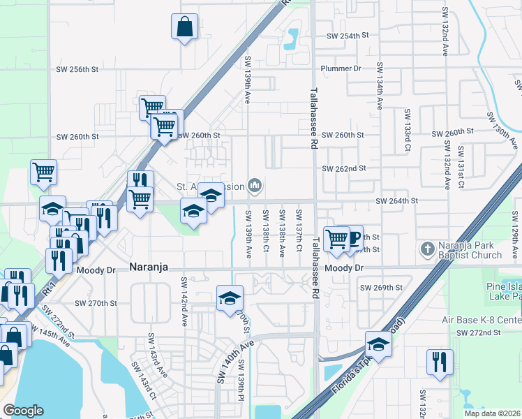 map of restaurants, bars, coffee shops, grocery stores, and more near 26447 Southwest 139th Avenue in Naranja