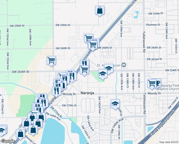 map of restaurants, bars, coffee shops, grocery stores, and more near 14351 Southwest 264th Terrace in Naranja