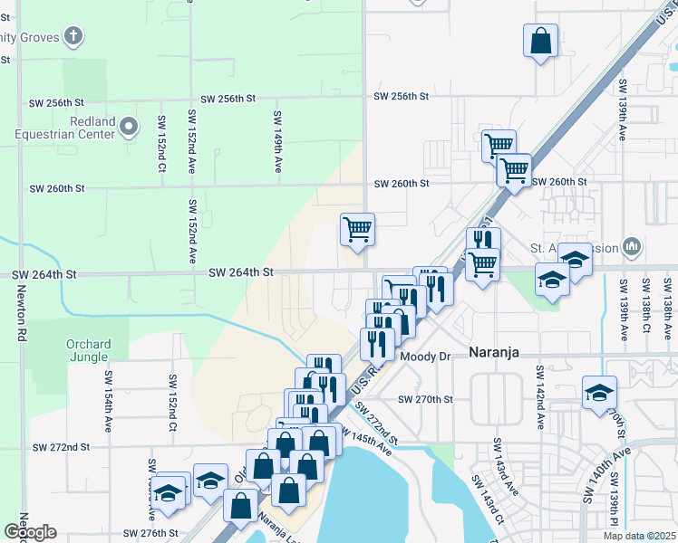 map of restaurants, bars, coffee shops, grocery stores, and more near 26400 Southwest 147th Avenue in Homestead
