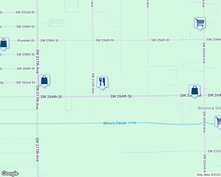 map of restaurants, bars, coffee shops, grocery stores, and more near 20975 Southwest 264th Street in Homestead