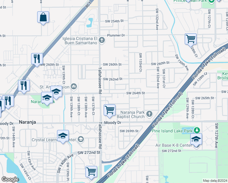 map of restaurants, bars, coffee shops, grocery stores, and more near 13514 Southwest 263rd Terrace in Homestead