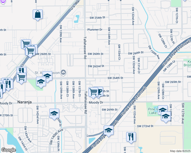map of restaurants, bars, coffee shops, grocery stores, and more near 13544 Southwest 263rd Terrace in Homestead