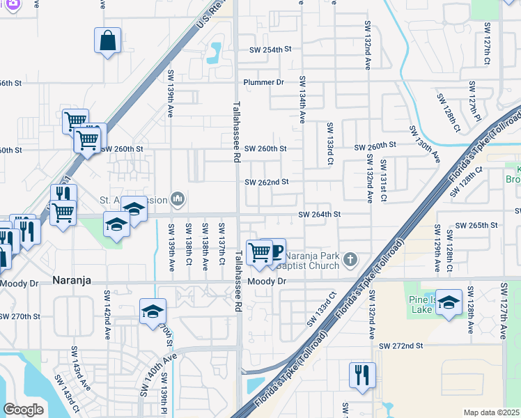 map of restaurants, bars, coffee shops, grocery stores, and more near 26322 Southwest 135th Avenue in Homestead