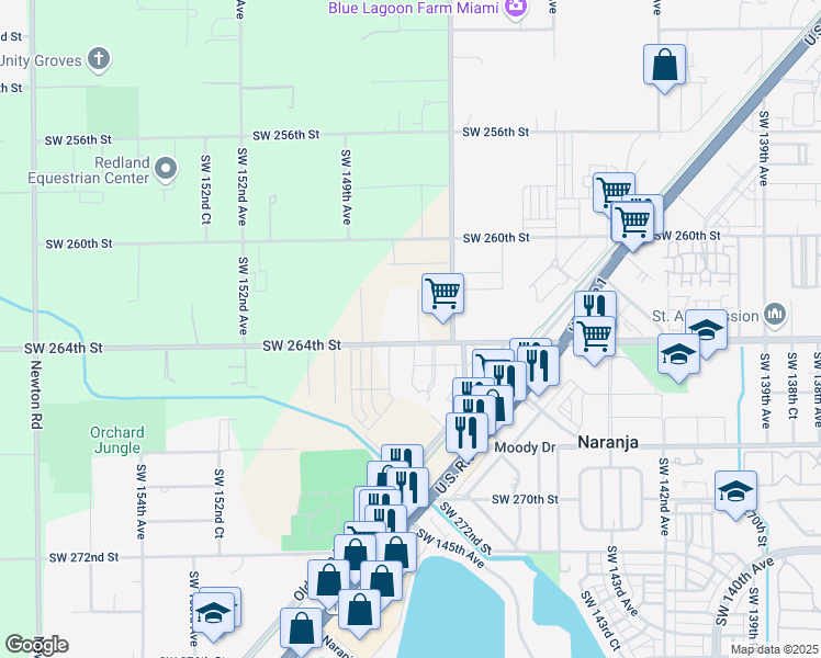map of restaurants, bars, coffee shops, grocery stores, and more near 14755 Southwest 264th Street in Homestead