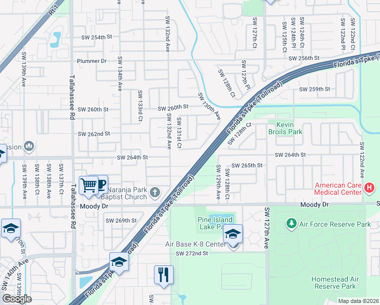 map of restaurants, bars, coffee shops, grocery stores, and more near 13075 Southwest 263rd Terrace in Homestead