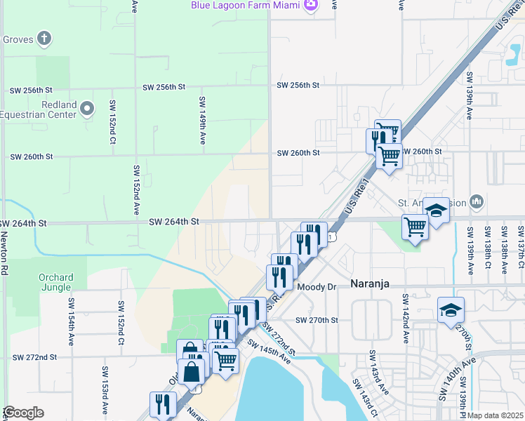 map of restaurants, bars, coffee shops, grocery stores, and more near 14755 Southwest 264th Street in Homestead