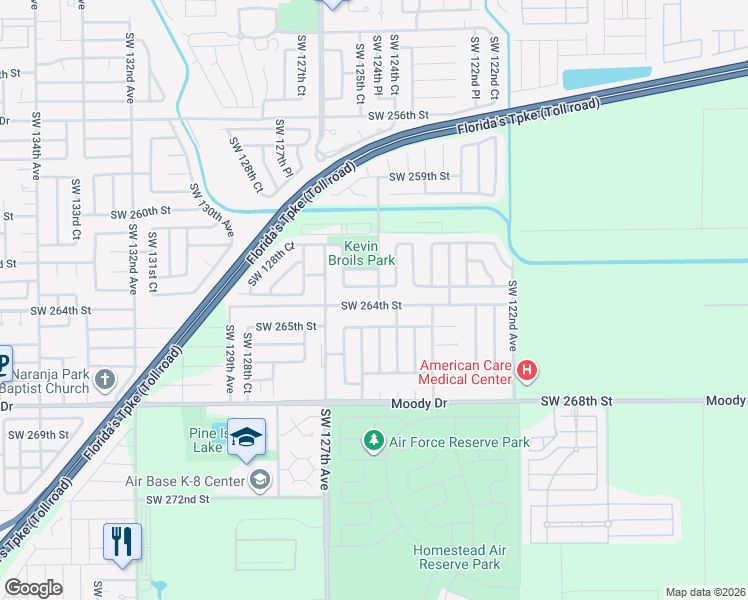 map of restaurants, bars, coffee shops, grocery stores, and more near 12504 Southwest 263rd Terrace in Homestead