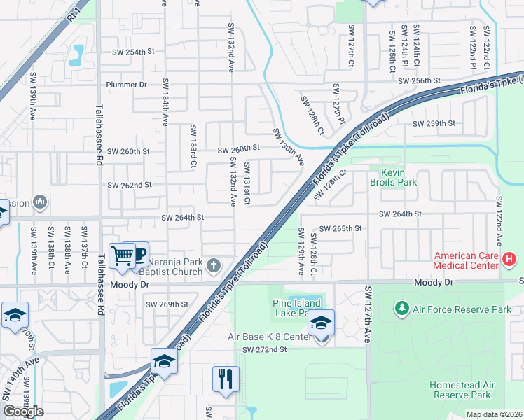 map of restaurants, bars, coffee shops, grocery stores, and more near 13075 Southwest 263rd Terrace in Homestead