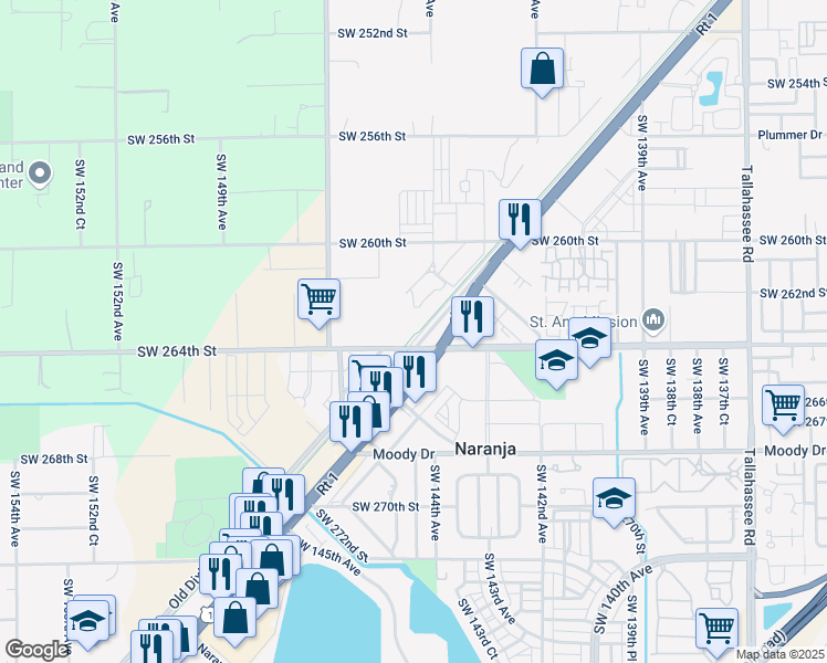 map of restaurants, bars, coffee shops, grocery stores, and more near 26255 Southwest 144th Avenue in Homestead