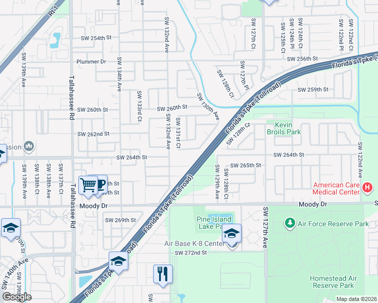 map of restaurants, bars, coffee shops, grocery stores, and more near 13075 Southwest 263rd Terrace in Homestead
